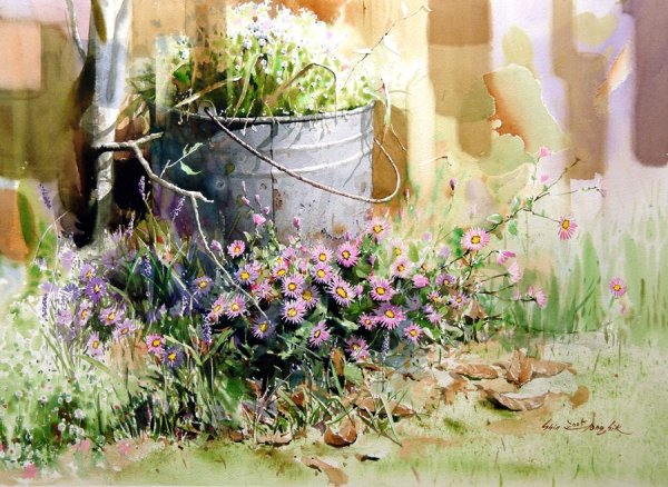 Корейский пейзаж акварелью