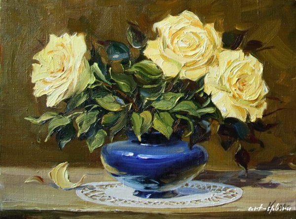Желтые розы в вазе живопись