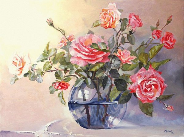 Цветы в стеклянной вазе живопись