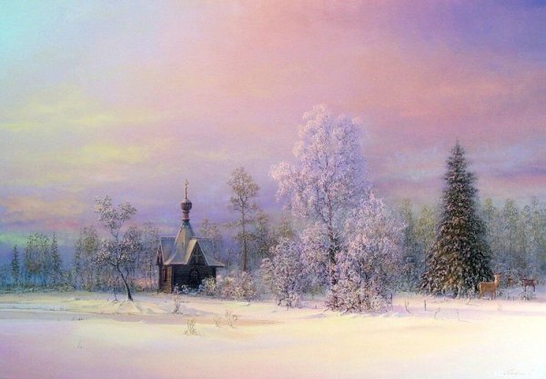 Церковь зимой живопись