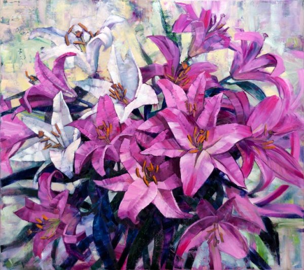 Сиреневые лилии живопись