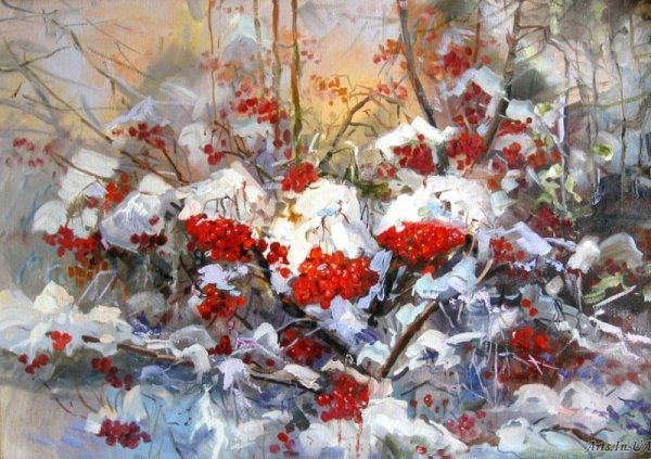 Художник Нестерчук Степан зимний пейзаж с рябиной