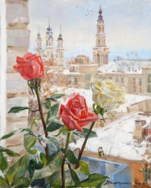 Розы на зимнем окне