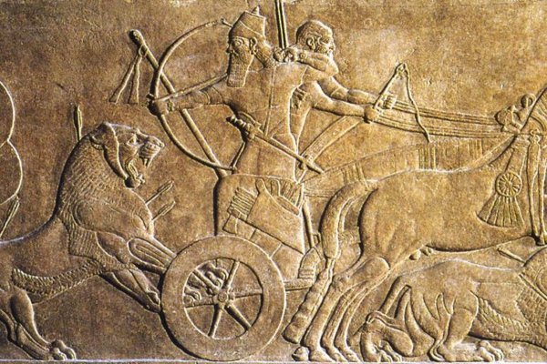 Большая львиная охота рельеф из дворца Ашшурбанипала в Ниневии