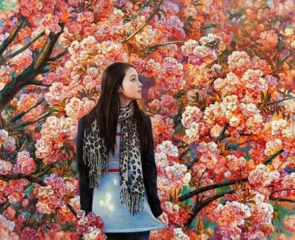 Рисунок азиатской девушки акварелью