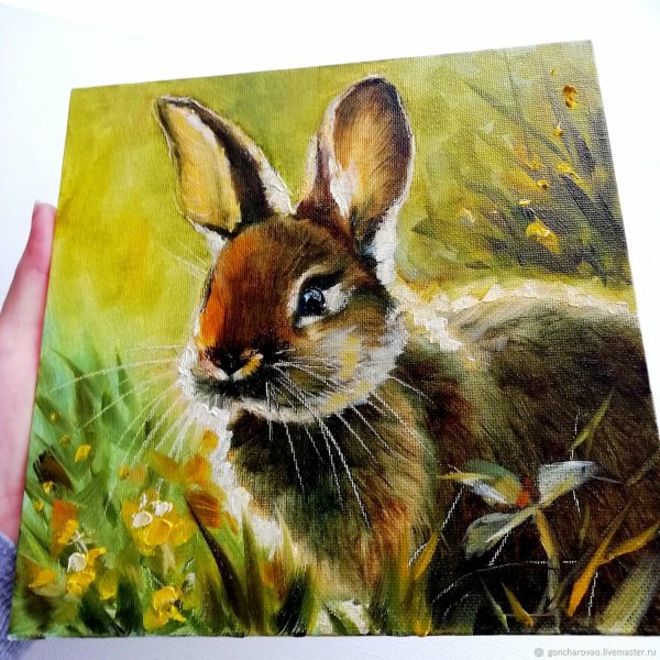 Картина маслом кролик в цветах