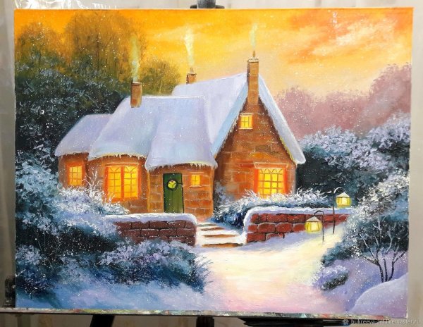 Зимний домик маслом