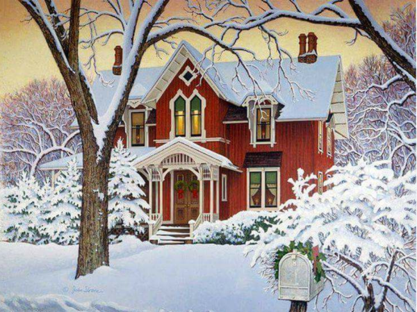 Зимний пейзаж с домиком живопись
