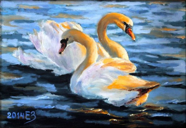 Лебеди маслом на холсте
