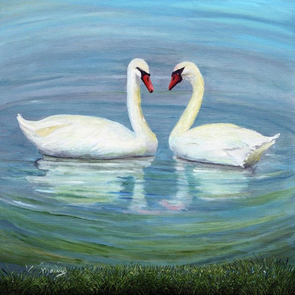 Лебеди маслом на холсте