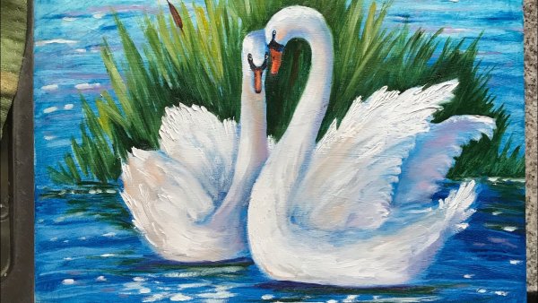 Лебеди масляными красками