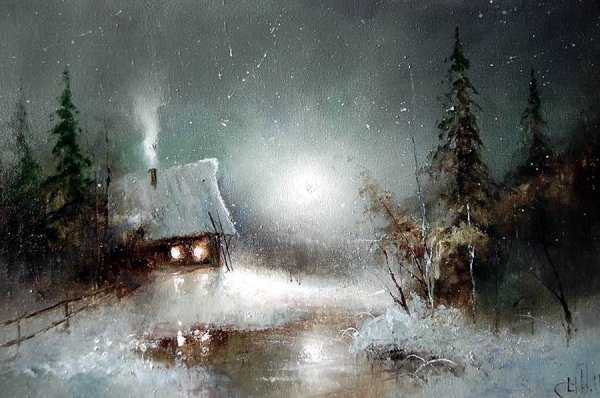 Снег ночью живопись