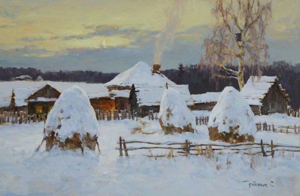 Зима в деревне живопись
