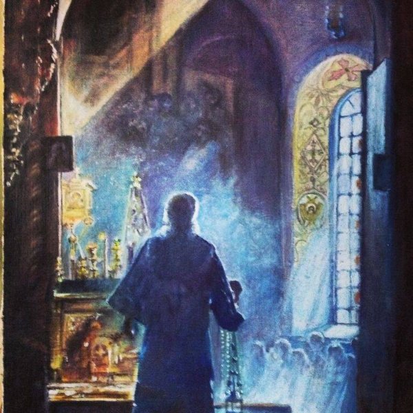 Картина люди молятся в храме