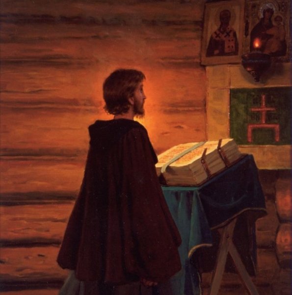 Сергий Радонежский молится в келье