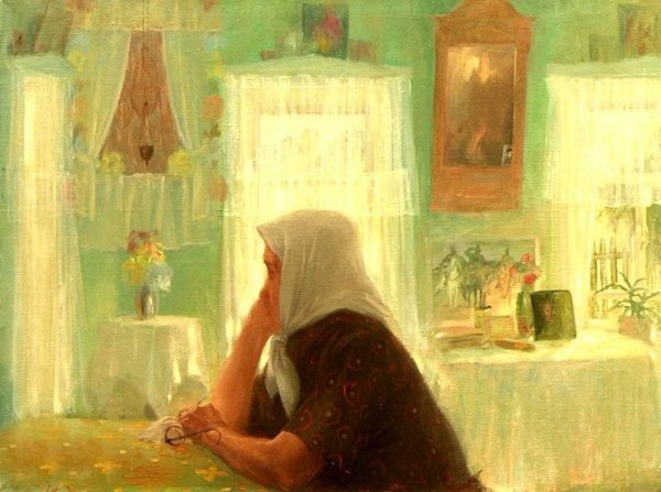Старушка у окна живопись