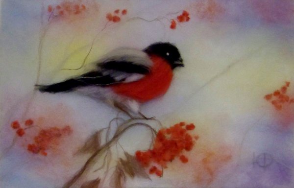 Картины из шерсти Снегири
