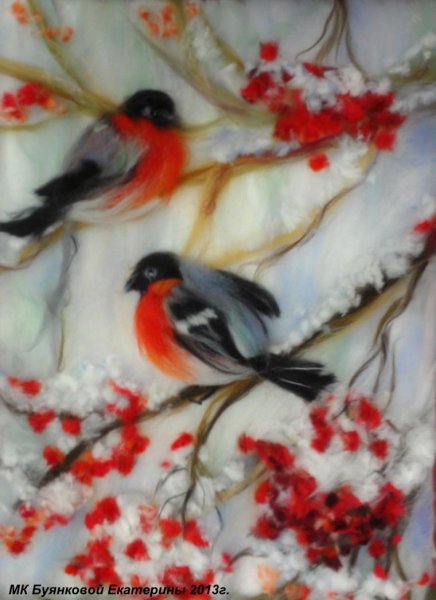 Картина шерстью Снегири