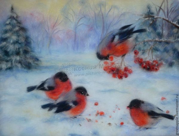 Снегирь на ветке для фелтинга