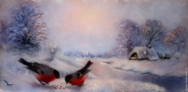 Живопись шерстью зимний пейзаж