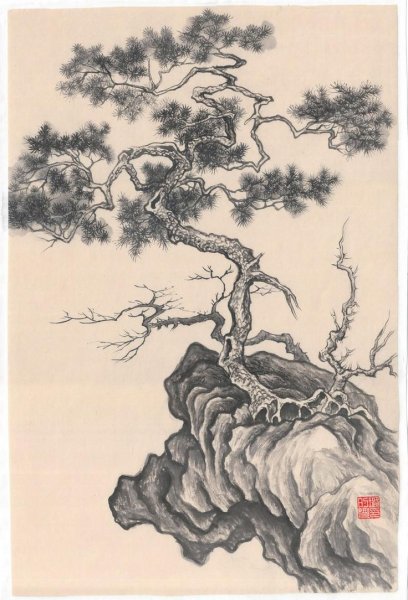 Японская гравюра скалы сосны