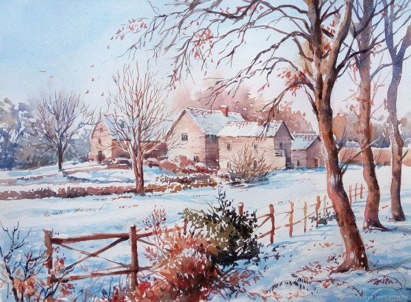 Новогодний пейзаж акварелью