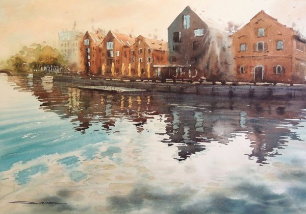 Отражение в воде акварелью город