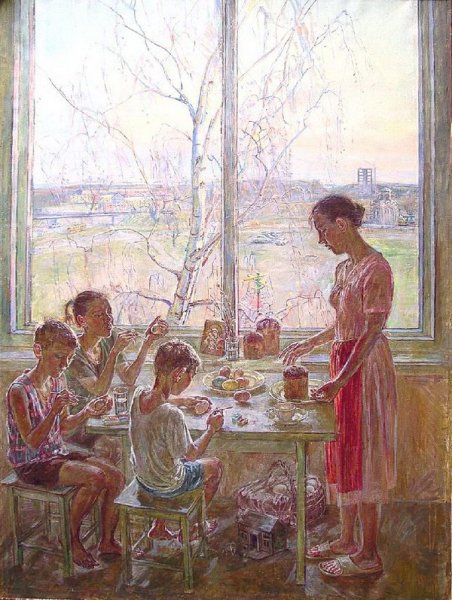 Радоница (перед обедней). Художник а. Архипов. 1892