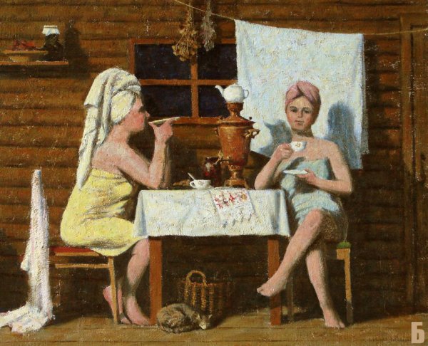 Дама пьет чай живопись