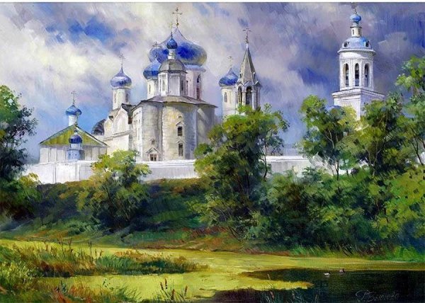 Пейзаж с Церковью маслом Бебия Владимир