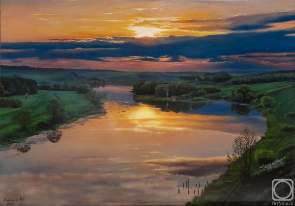 Рассвет на реке живопись