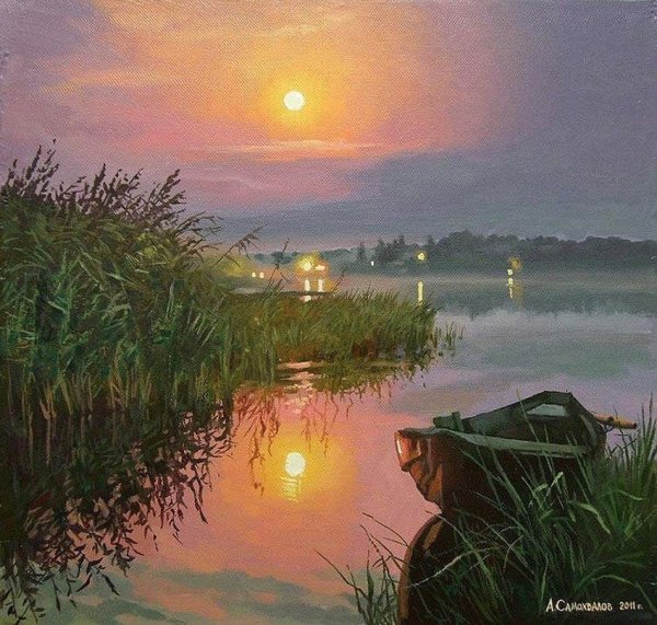 Закат над рекой картина маслом
