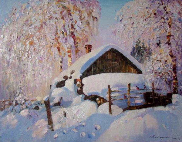 Заснеженный домик живопись