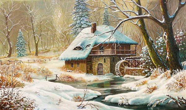 Дом в зимнем лесу картина