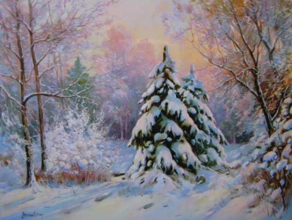 Заснеженные ели живопись