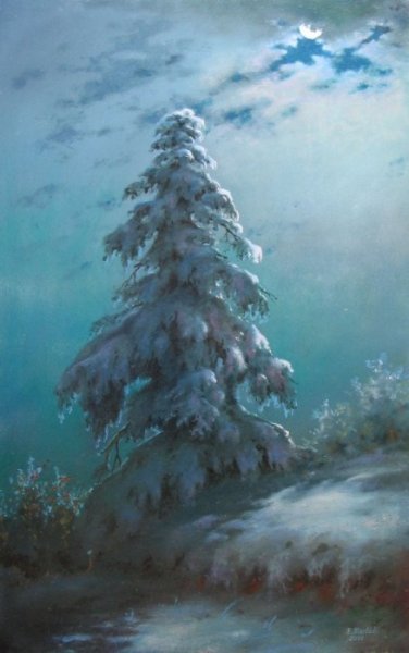Заснеженные ели живопись