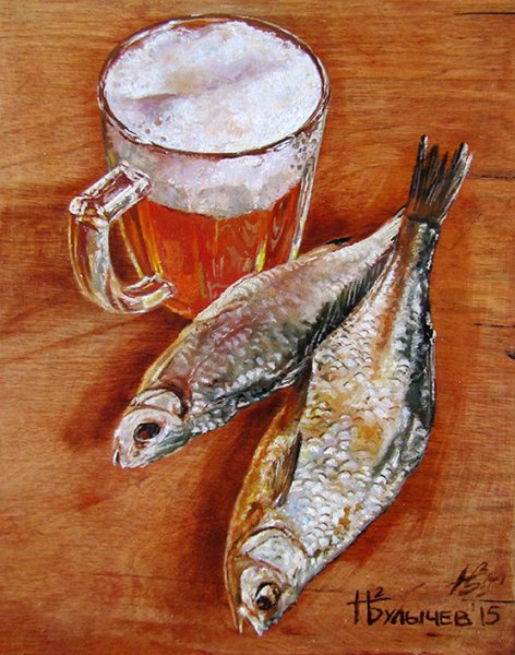Натюрморт с воблой и пиво живопись