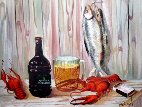 Натюрморт с пивом и рыбой живопись