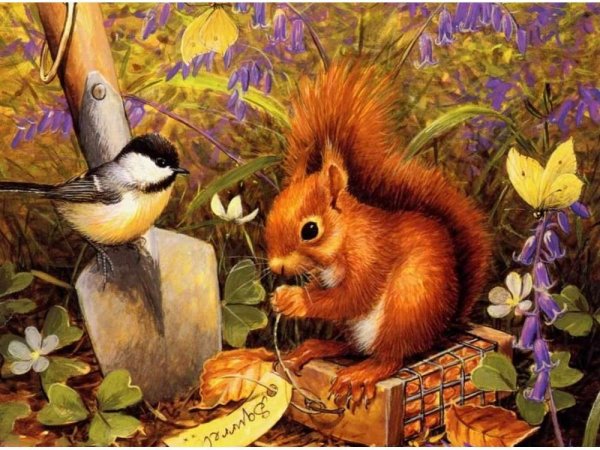 Осенний лес с белками живопись