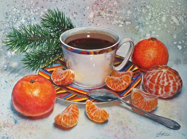 Новогодний натюрморт акварелью