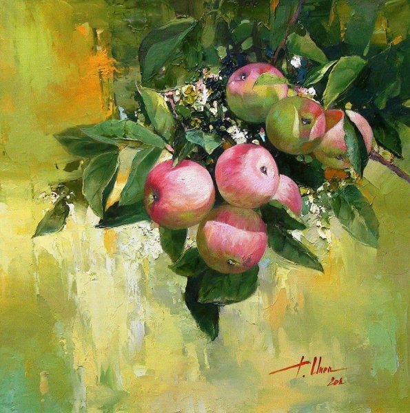 Яблоки на ветке живопись