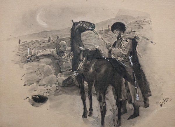 Казбич и Азамат. Иллюстрация м.а.Врубеля. Чёрная акварель.1890-1891.