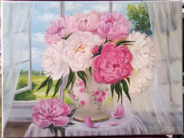 Букет пионов на окне живопись
