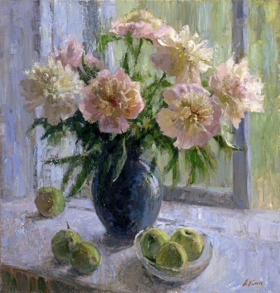 Пионы на окне живопись