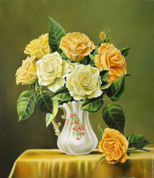 Желтые розы в вазе акварелью