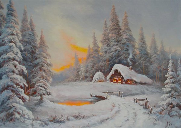 Зимний пейзаж с домиком