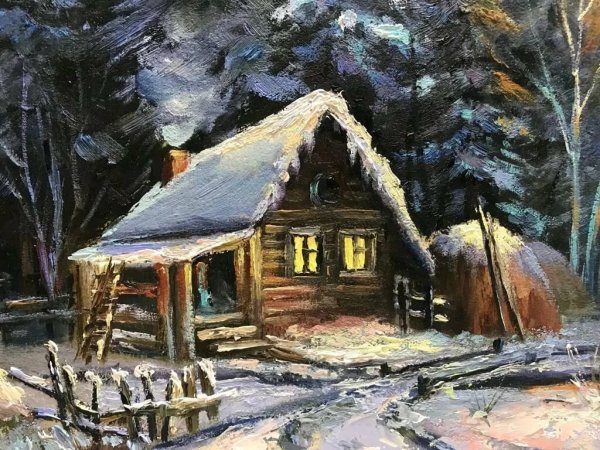 Зима река дом лес живопись