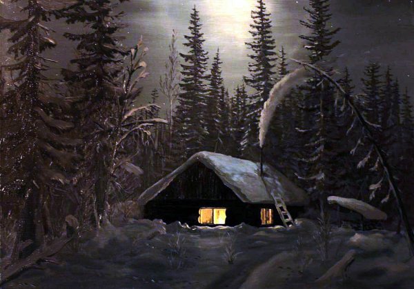 Заснеженная избушка в лесу в живописи