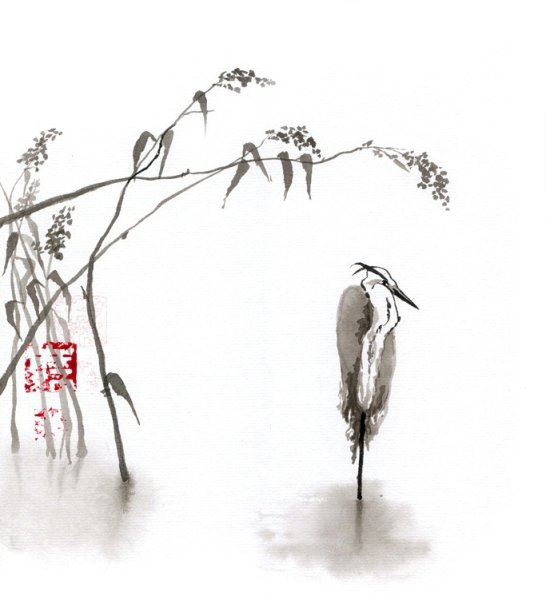 Белая цапля китайская живопись