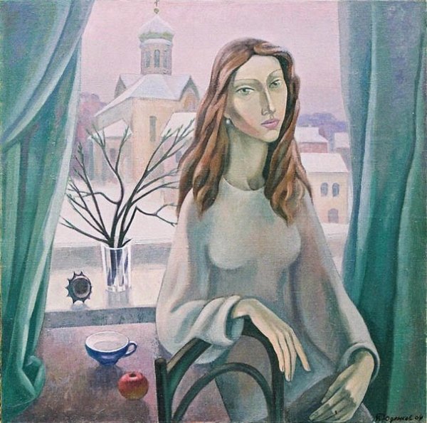 Женщина у окна зимой живопись